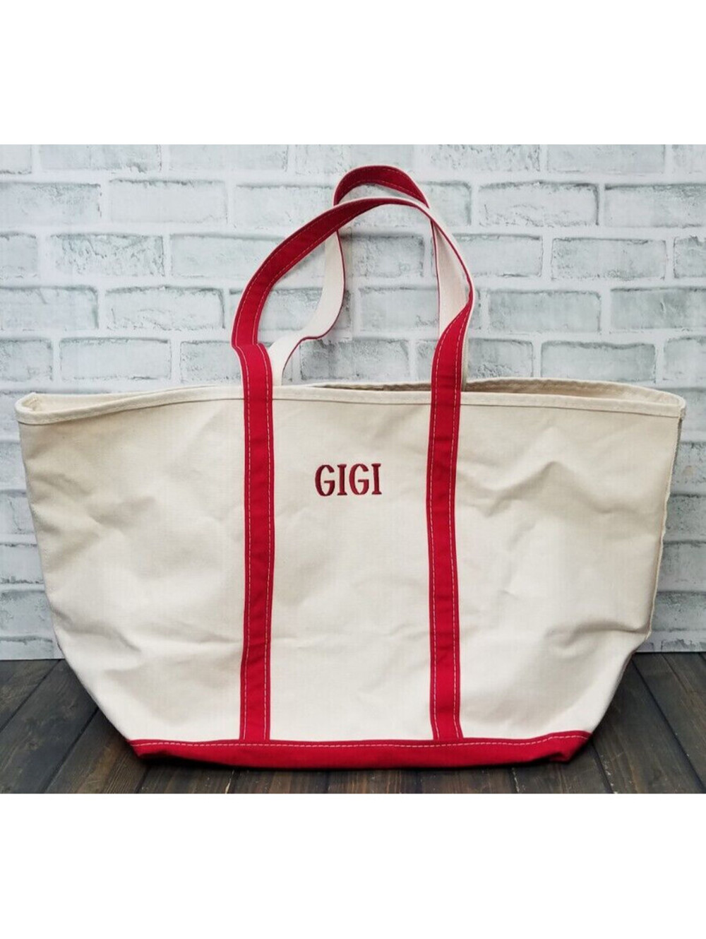 LL BEAN Canvas Boat & Tote Bag LARGE Size Red Straps with "GIGI" Made In USA